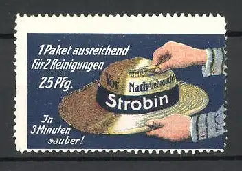 Reklamemarke Strobin Strohhutreinigunsmittel, Mann putzt seinen Hut mit einer kleinen Bürste