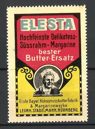 Reklamemarke Elesta hochfeinste Delikatess-Margarine als Butter-Ersatz, Leonh. Stadelmann, Nürnberg, Bäcker mit Kuchen