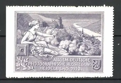 Reklamemarke Heidelberg, Allgem. Deutsche Photographische Ausstellung 1912, Göttin am Stadtrand, Kamera & Wappen