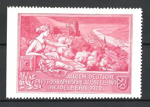 Reklamemarke Heidelberg, Allgem. Deutsche Photographische Ausstellung 1912, Göttin am Stadtrand, Kamera & Wappen