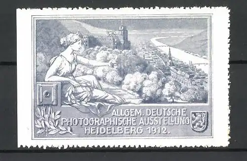 Reklamemarke Heidelberg, Allgem. Deutsche Photographische Ausstellung 1912, Göttin am Stadtrand, Kamera & Wappen
