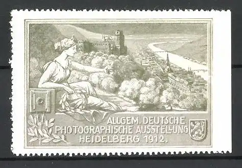 Reklamemarke Heidelberg, Allgem. Deutsche Photographische Ausstellung 1912, Göttin am Stadtrand, Kamera & Wappen