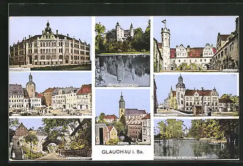 AK Glauchau / Sachsen, Pestalozzi-Schule, Schloss Hinterglauchau, Schlosshof