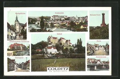 AK Colditz / Sachsen, Erholungsheim Zschadrass, Badergasse, Kirchgässchen, Heimatsturm