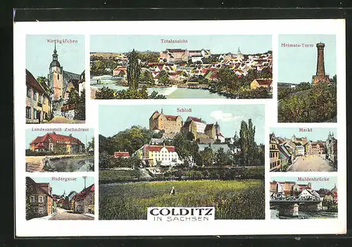 AK Colditz / Sachsen, Schloss, Markt aus der Vogelschau, Muldenbrücke