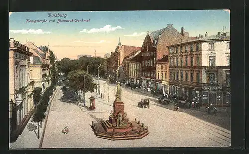 AK Duisburg, Königstrasse mit Bismarckdenkmal aus der Vogelschau