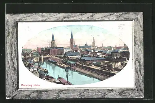 AK Duisburg, Hafen mit Ortsansicht aus der Vogelschau