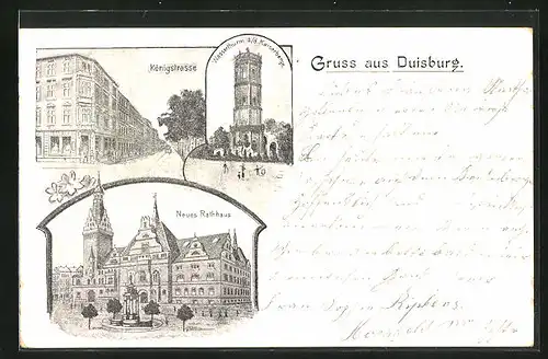 AK Duisburg, Blick in die Königstrasse, Wasserturm a. d. Kaiserberge, Neues Rathaus