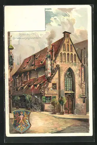 Lithographie Nürnberg, Bratwurstglöcklein und Stadtwappen