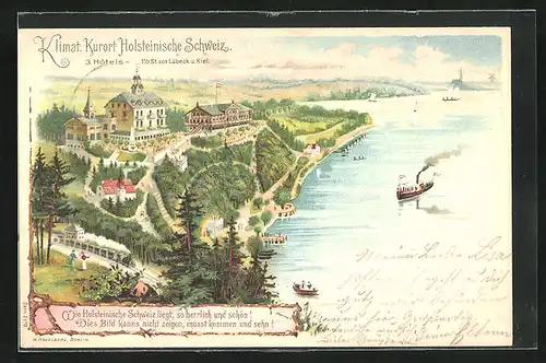Lithographie Holsteinische Schweiz, drei Hotels mit Dampfer aus der Vogelschau