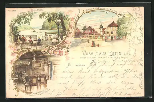 Lithographie Eutin, Wohnaus des Dichters Joh. Heinr. Voss, Luisen Zimmer mit Glasmalerein aus Voss Luise, Voss Brücke