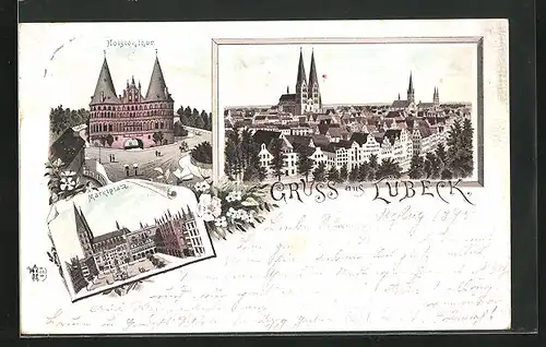 Vorläufer-Lithographie Lübeck, 1895, Holsteintor, Marktplatz mit Rathaus, Gesamtansicht