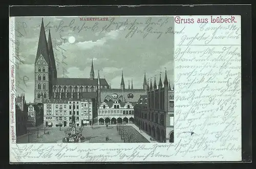 Mondschein-Lithographie Lübeck, Marktplatz mit Rathaus in der Nacht