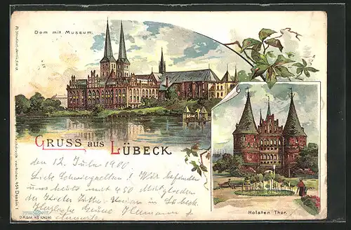 Lithographie Lübeck, Dom mit Museum, Holsteintor