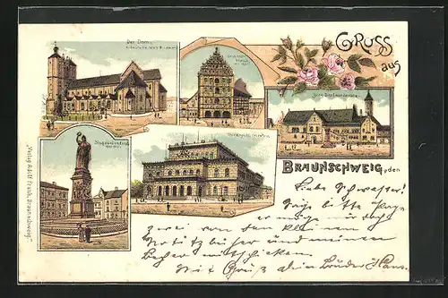 Lithographie Braunschweig, Burg Dankwaderode, Gewandhaus, Dom
