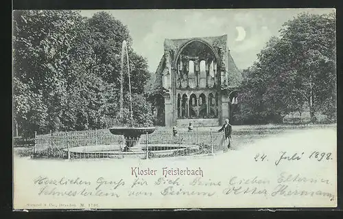 Mondschein-AK Königswinter, Kloster Heisterbach, Park mit Brunnen