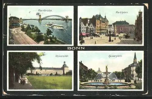 AK Bonn, Universität, Rheinbrücke, Marktplatz, Kaiserplatz