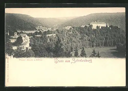 AK Schwarzburg, Blick auf Hotel Weisser Hirsch und Schloss