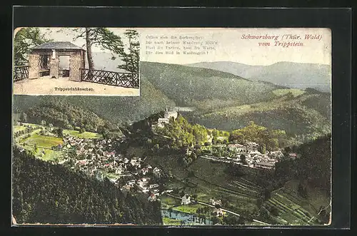 AK Schwarzburg / Thür., Panoramablick vom Trippstein, Ansicht des Trippsteinhäuschens