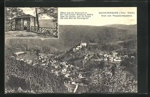 AK Schwarzburg / Thür., Panoramablick vom Trippstein, Ansicht des Trippsteinhäuschens