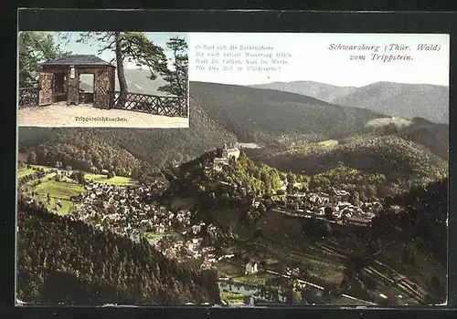 AK Schwarzburg / Thür., Panoramablick vom Trippstein, Ansicht des Trippsteinhäuschens