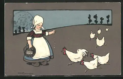 Künstler-AK Ethel Parkinson: Bauersmagd füttert die Hühner