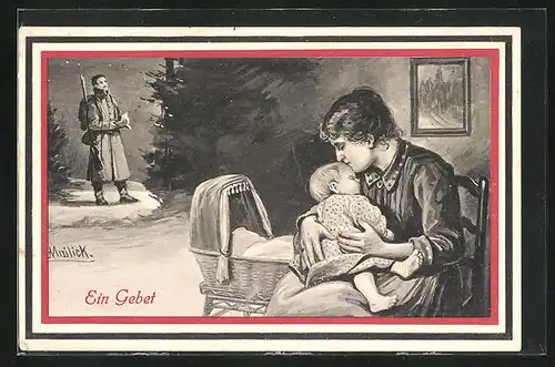 Künstler-AK Alfred Mailick: Ein gebet, Mutter mit ihrem Baby, der Vater als Soldat im Gefecht