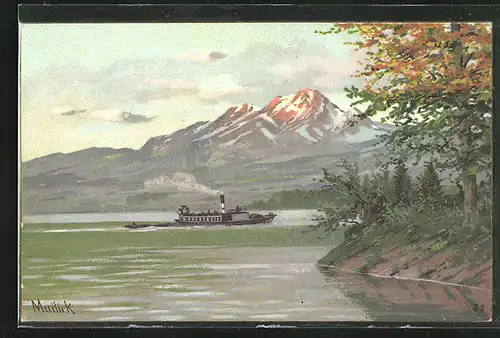 Künstler-AK Alfred Mailick: Dampfer fährt auf dem Wasser, Blick zum Gebirge