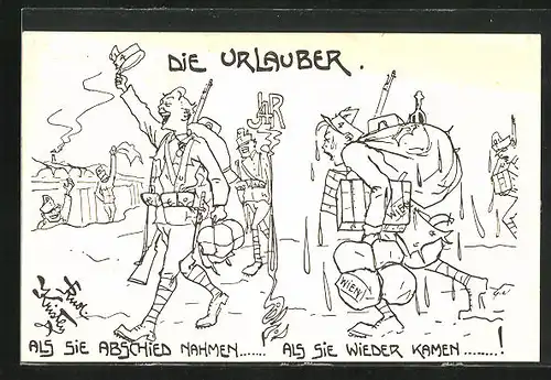 Künstler-AK Rud. Kristen: die Urlauber, Abschied und Heimkehr eines Soldaten