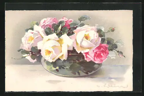 Künstler-AK Catharina Klein: Blumenvase mit Rosenstrauss