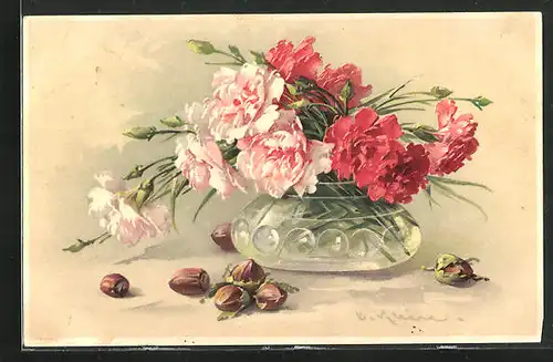 Künstler-AK Catharina Klein: Rote und Rosa farbene Blumen in Vase, Haselnüsse davor