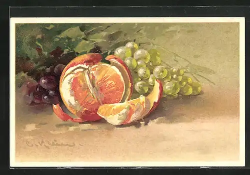 Künstler-AK Catharina Klein: Stilleben mit roten und hellen Weintrauben, eine geschälte Mandarine