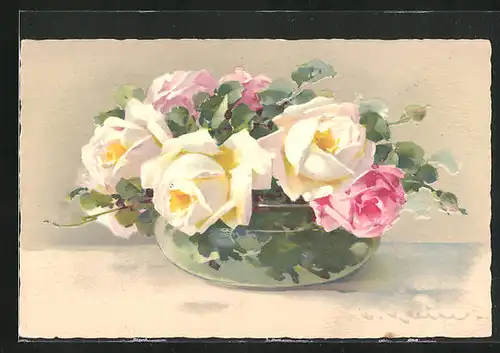 Künstler-AK Catharina Klein: weisse und rosafarbene Rosen in einer Glasvase