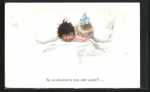 Künstler-AK Chicky Spark: kleine Kinder schmiegen sich im Bett aneinander