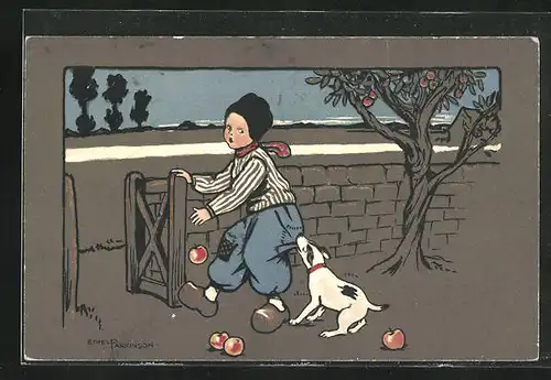Künstler-AK Ethel Parkinson: junger Apfeldieb wird von einem Hund gebissen