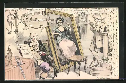 Künstler-AK sign. P. Dufresne: L`Antiquaire, Mann liest, Frau im Bild gefangen
