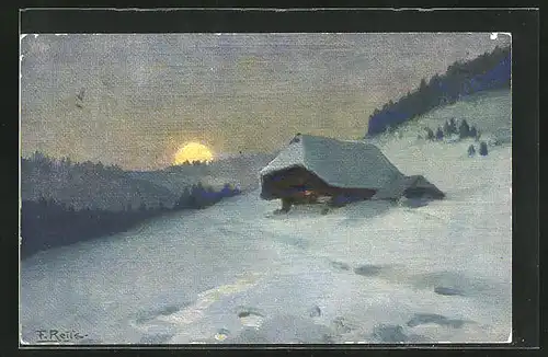 Künstler-AK Fritz Reiss: Winter im Schwarzwald, an der eingeschneiten Hütte