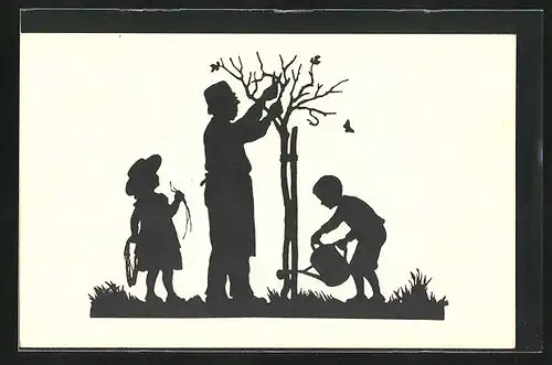 Künstler-AK Anna Schirmer: Mann mit zwei Kindern pflegt einen Baum