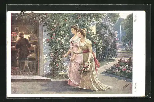 Künstler-AK Fr. Rösler: Junge Damen mit Blumen in der Hand lauschen einem Klavierspieler