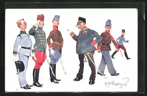 Künstler-AK Fritz Schönpflug: Soldaten in Uniform werden vom Vorgesetzten zurechtgewiesen
