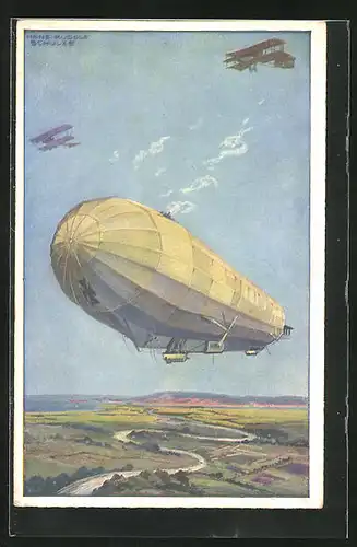 Künstler-AK Hans Rudolf Schulze: Zeppelin in der Luft mit Flugzeug