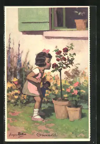 Künstler-AK sign.: Georges Redon, Mädchen riecht an Blume