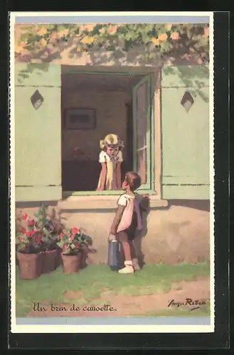Künstler-AK sign.: Georges Redon, Mädchen reden am Fenster