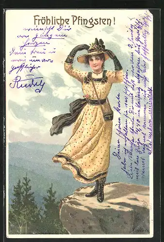 Künstler-AK Alfred Mailick: schönes Fräulein im Kleid mit Hut auf einem Berggipfel stehend
