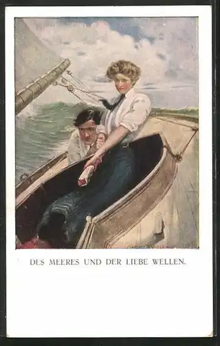 Künstler-AK Clarence F. Underwood: Des Meeres und der Liebe Wellen, Liebespaar im Boot bei stürmischer See
