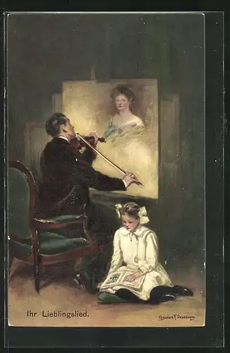 Künstler-AK Clarence F. Underwood: Ihr Lieblingslied, Mann spielt romantisches Lied für seine Liebste auf einer Geige