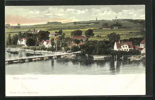 AK Düppel, Blick auf den Ort am Ufer, Blick zur Mühle