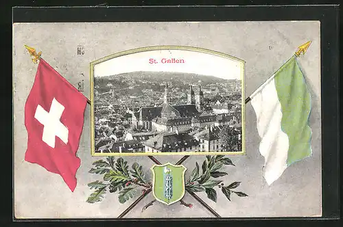 AK St. Gallen, Blick auf den Dom in der Stadt, Stadt- und Landesfarben