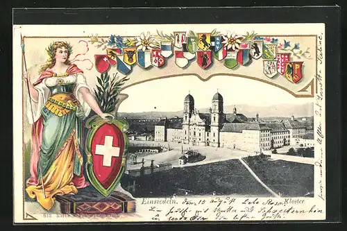 Präge-AK Einsiedeln, Blick auf die Anlagen am Kloster, Helvetia mit Schild in Landesfarben