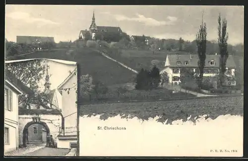 AK St. Chrischona, Blick hinauf zur Kirche, Blick durch den Torbogen